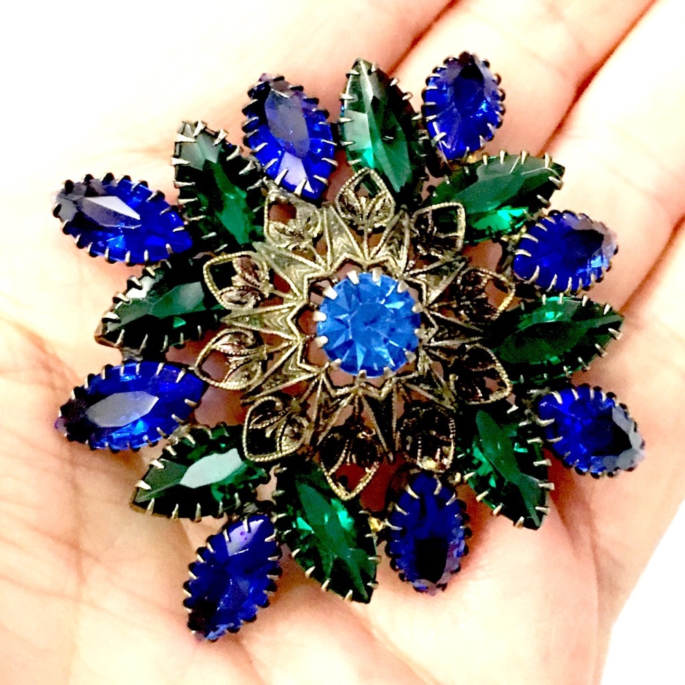 Blue Green Rhinestone Brooch - Picture 2 of 3